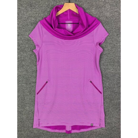 Title Nine Layli's Dot & Stripe Cowl‎ Neck Short Sleeve Dress Purple Size L - Picture 1 of 12
